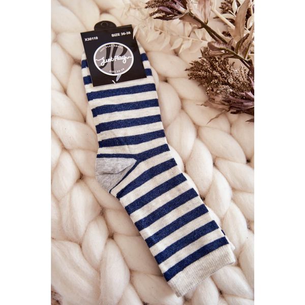 Kesi Women's Classic Cotton Socks Striped Beige-Navy blue