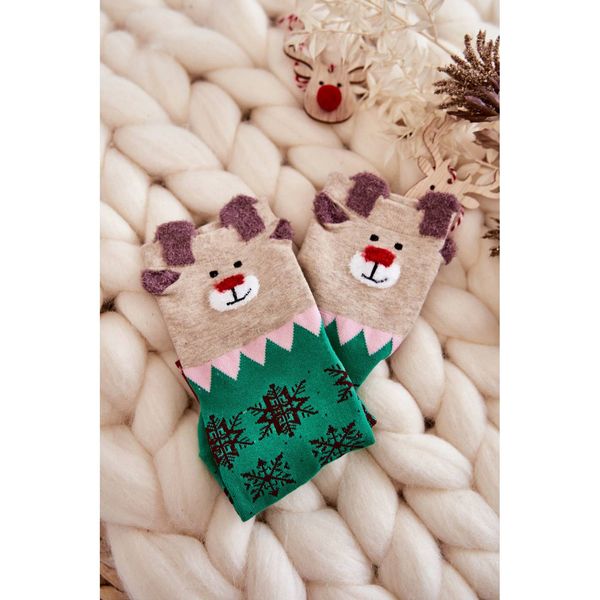 Kesi Women's Funny Christmas Socks Reindeer And Snowflakes Green-Beige
