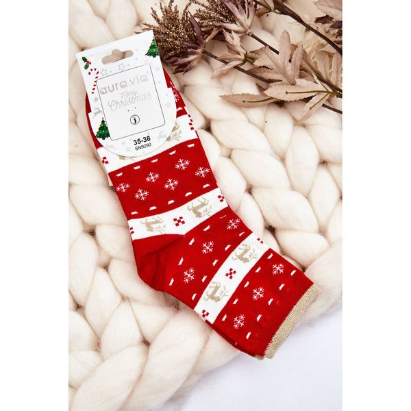 Kesi Women's Socks With Christmas Patterns Reindeer And Snowflakes Red