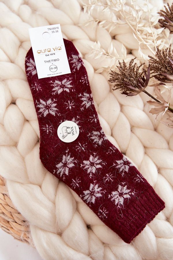 Kesi Women's woolen socks in Maroon snowflakes