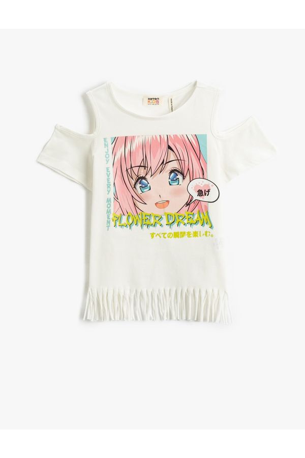 Koton Koton Anime Printed Tasseled T-Shirt Short Sleeve Window Detail Cotton