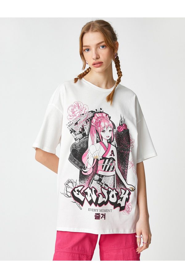 Koton Koton Anime T-Shirt Cotton Oversize Crew Neck Short Sleeve