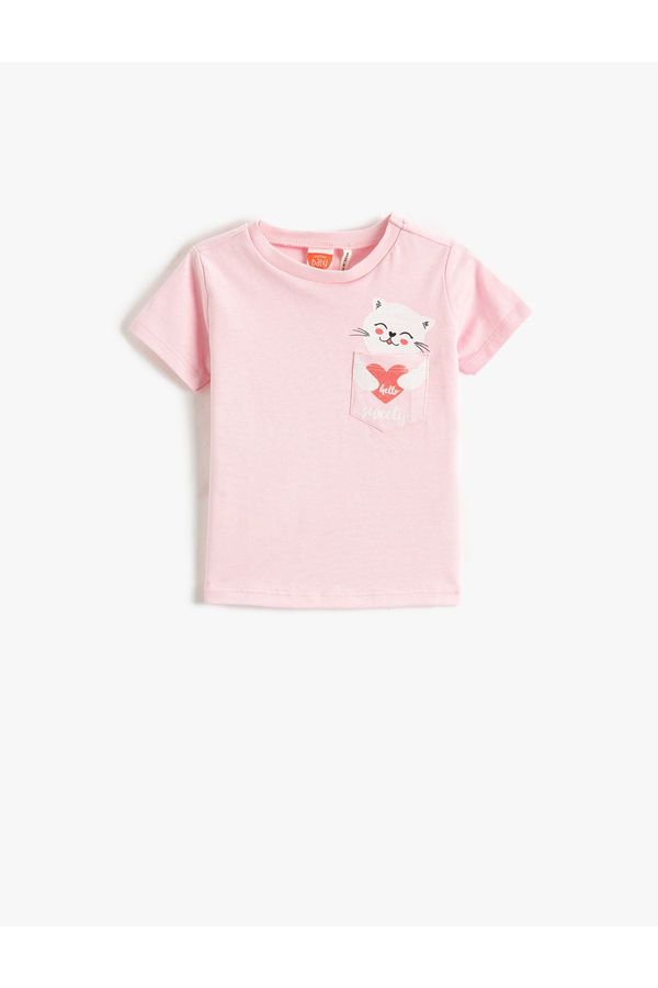 Koton Koton Baby Girl Cat Printed Pocket Detailed T-Shirt Short Sleeve Crew Neck