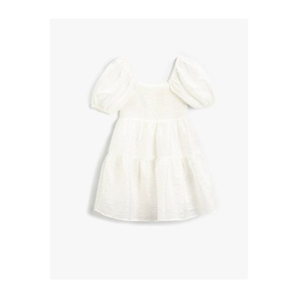 Koton Koton Balloon Sleeve Square Collar Pleated Elastic Ruffle Long White Dress
