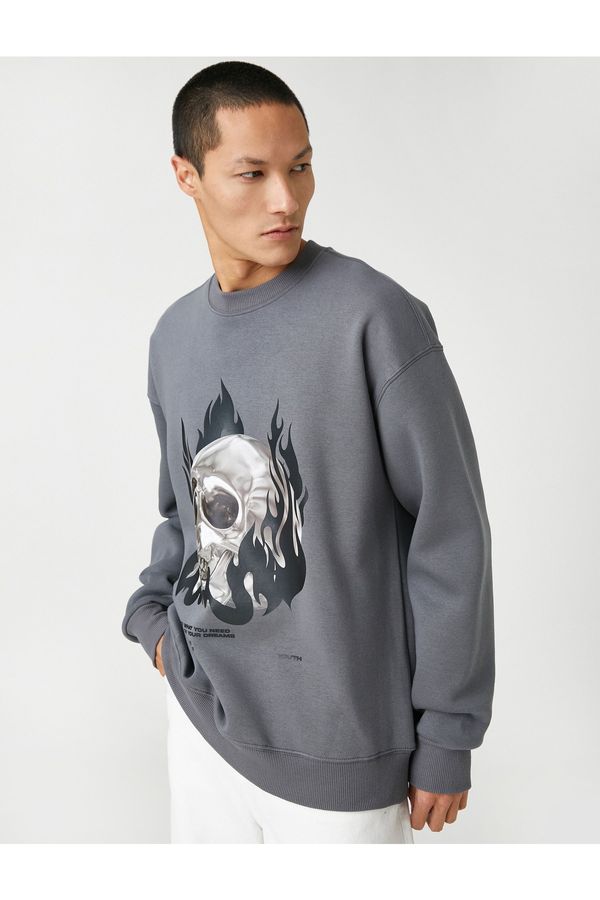 Koton Koton Basic Oversize Sweatshirt Skull Printed Crew Neck