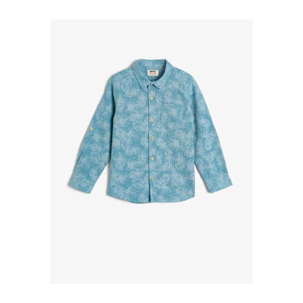Koton Koton Boy Blue Leaf Patterned Cotton Fabric Long and Foldable Sleeve Classic Collar Shirt