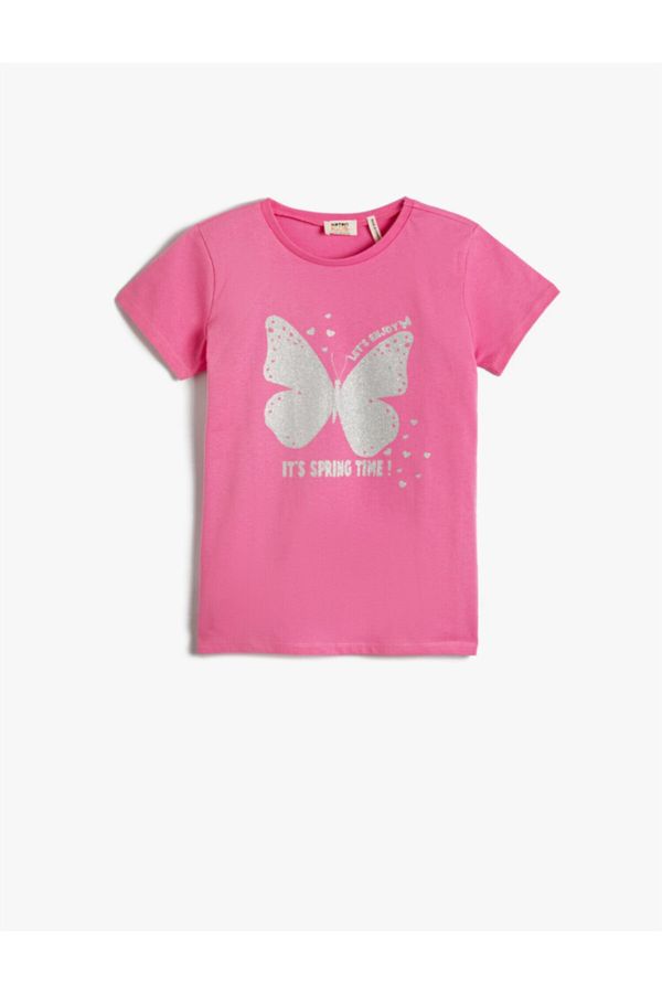Koton Koton Butterfly Printed Short Sleeve T-Shirt Cotton