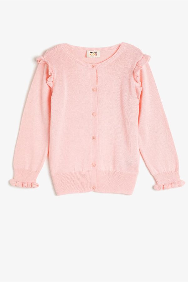 Koton Koton Girl's Pink Long Sleeve Frilly Buttoned Knitwear Cardigan