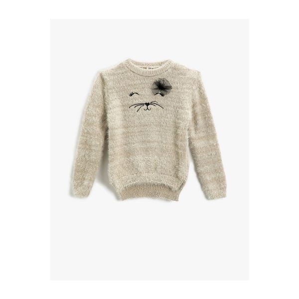 Koton Koton Cat Embroidered Knitwear Sweater Tulle Detailed Long Sleeve