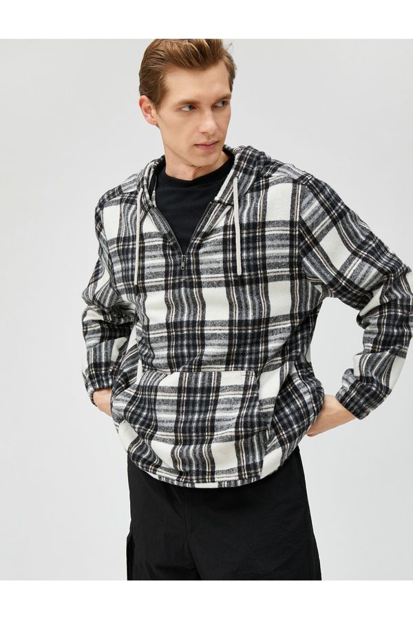 Koton Koton Checkered Hooded Sweatshirt Kangaroo Pocket Half Zipper