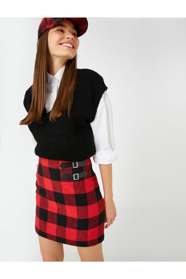 Koton Koton Checkered Mini Skirt Double Buckle Detailed Zipper