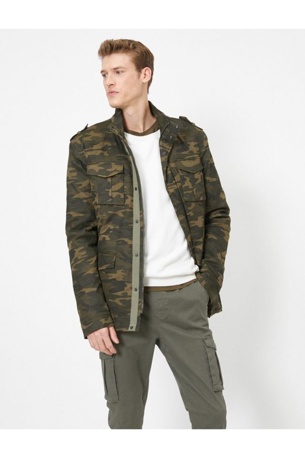 Koton Koton Contrast Quilted Lined Epaulet Camouflage Patterned Coat