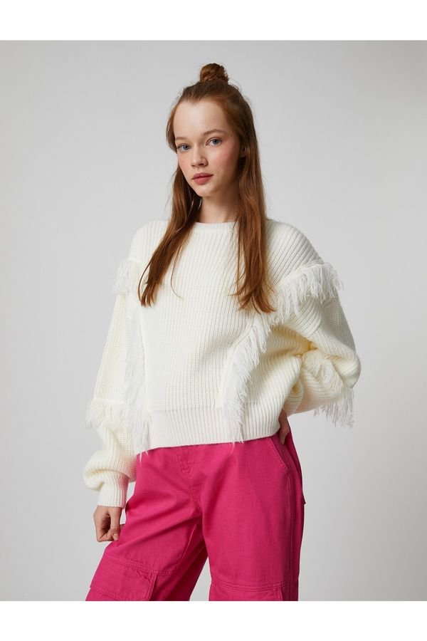 Koton Koton Crew Neck Sweater Long Sleeve Knit Tassel Detailed