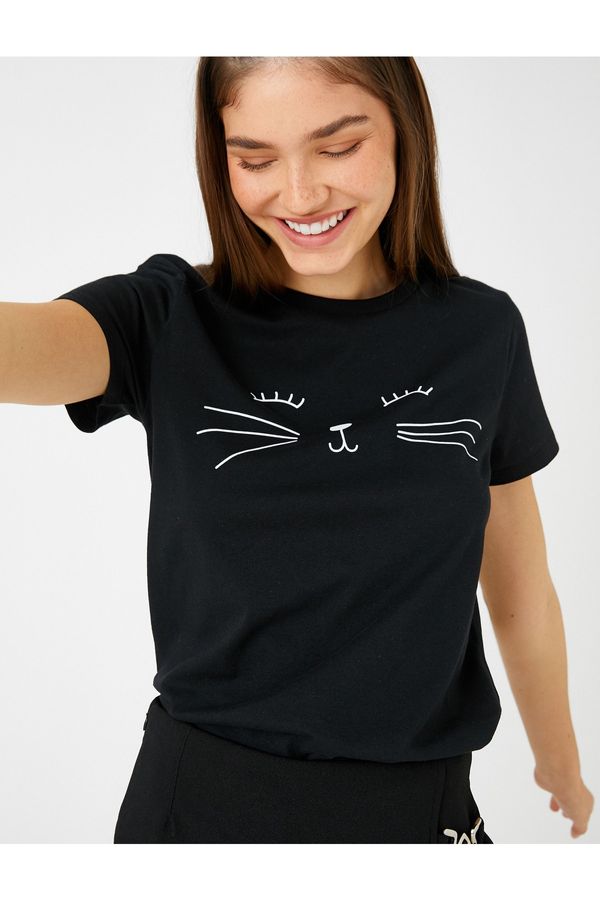 Koton Koton Crew Neck T-Shirt Cat Printed Short Sleeve