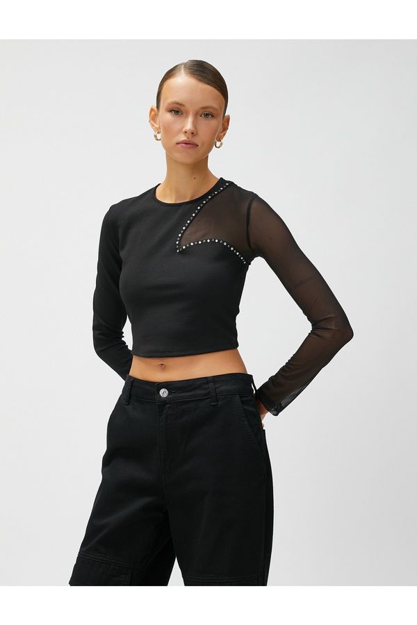 Koton Koton Crop Blouse Tulle Detailed Stony