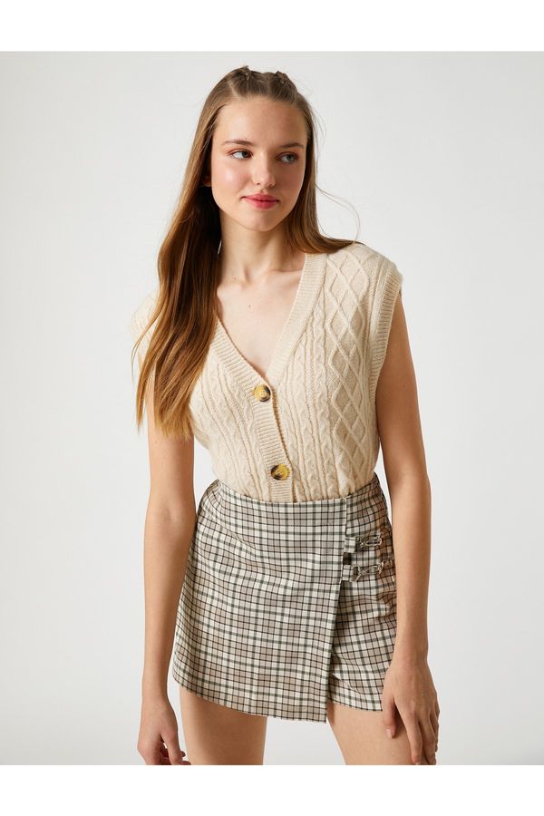 Koton Koton Crop Cardigan Sleeveless Buttoned V-Neck Knit Patterned