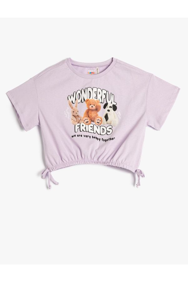 Koton Koton Crop Oversize T-Shirt Animals Printed Elastic Waist Tied Cotton