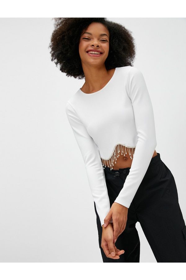 Koton Koton Crop T-Shirt Long Sleeved Halter Stone Detailed Corduroy