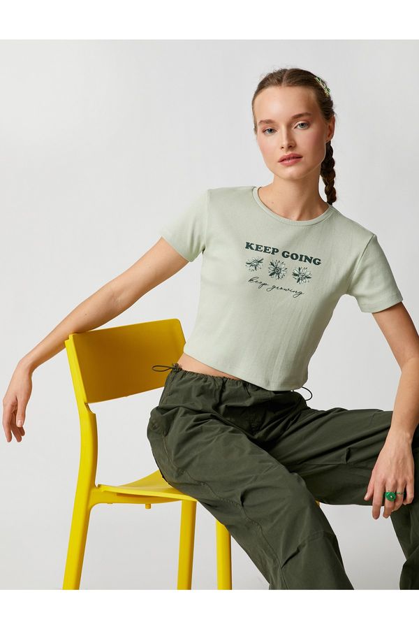 Koton Koton Crop T-Shirt Printed Crew Neck Short Sleeve