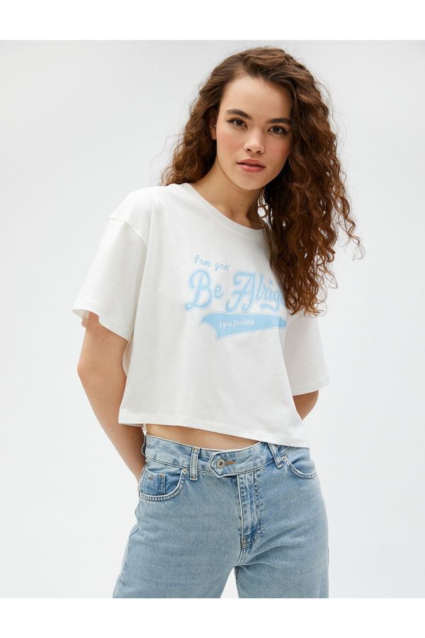 Koton Koton Crop T-Shirt Printed Crew Neck Short Sleeve Cotton