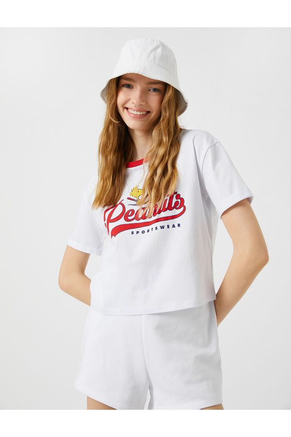 Koton Koton Crop T-Shirt Snoopy Licensed Printed Short Sleeve T-Shirt