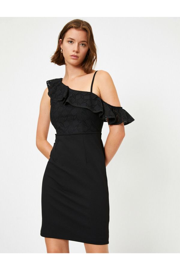 Koton Koton Damska czarna koronkowa sukienka na jednym ramieniu