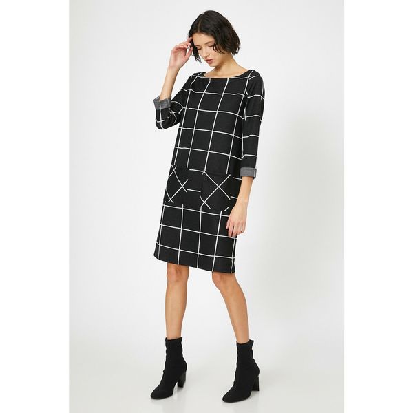 Koton Koton Damska czarna kwadratowa wzorzysta sukienka