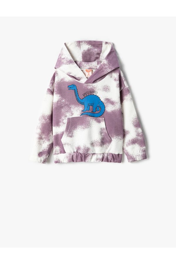 Koton Koton Dinosaur Printed Hooded Sweatshirt Tie-Dye Patterned Kangaroo Pocket Ear Applique Detailed