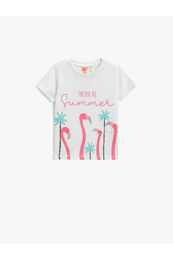 Koton Koton Flamingo Printed T-Shirt Short Sleeve Crew Neck Silvery