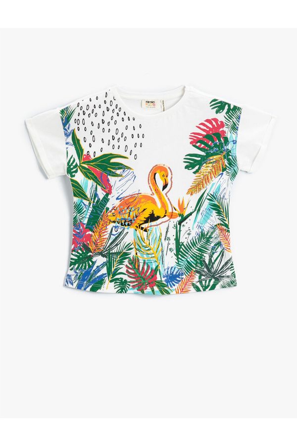 Koton Koton Flamingo Printed T-Shirt Summer Themed Crew Neck Cotton