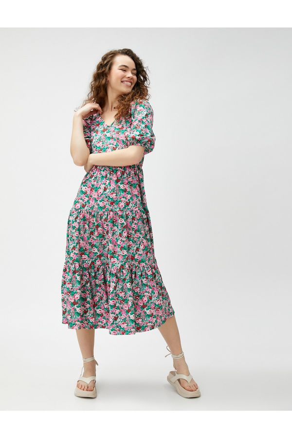 Koton Koton Floral Midi Dress with Balloon Sleeves V-Neck Ruffles