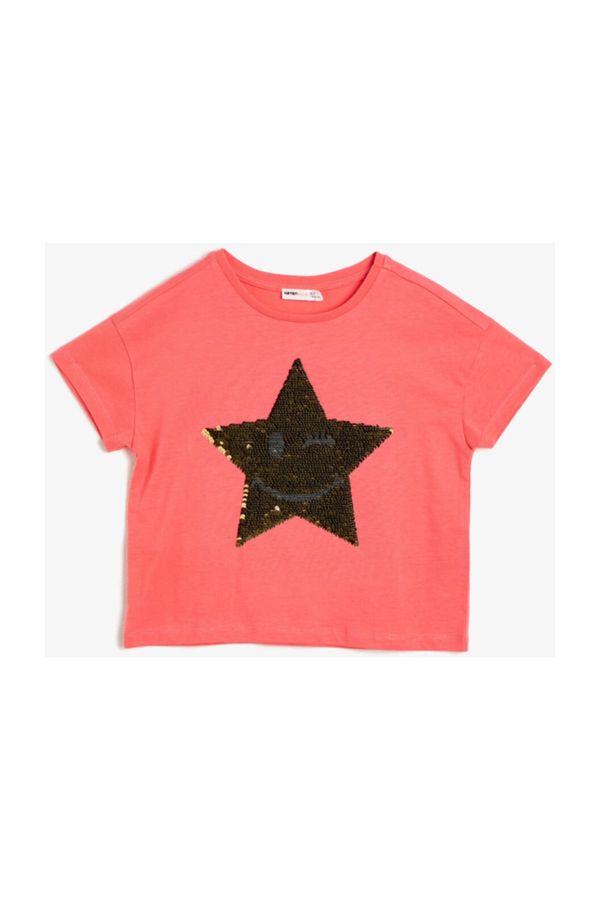 Koton Koton Girl's Red Cotton Soft Fabric Cekinowy rękaw Marszczony T-shirt z krótkim rękawem