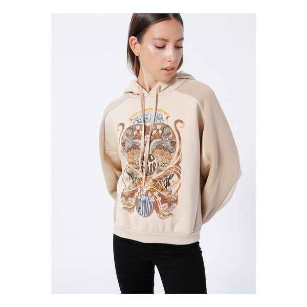 Koton Koton Hooded Collar Printed Beige Women's Sweatshirt