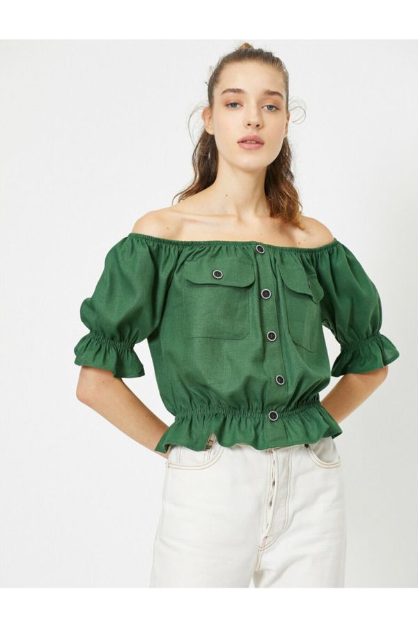 Koton Koton Kobiet Green Off The Shoulder Pocket Szczegółowe krótki rękaw przycisk szczegółowe bluzka