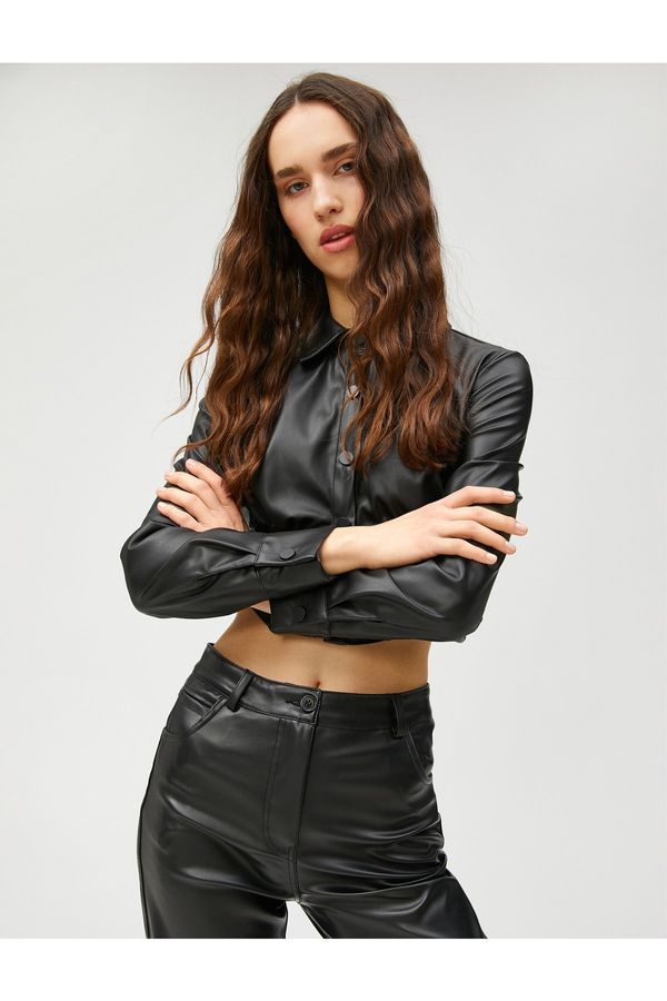 Koton Koton Leather Look T-Shirt Crop Long Sleeve Buttoned