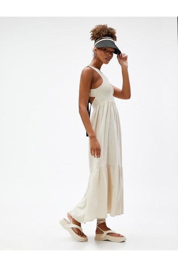 Koton Koton Long Dress Linen Blend Halter Neck Guipede Back Detailed