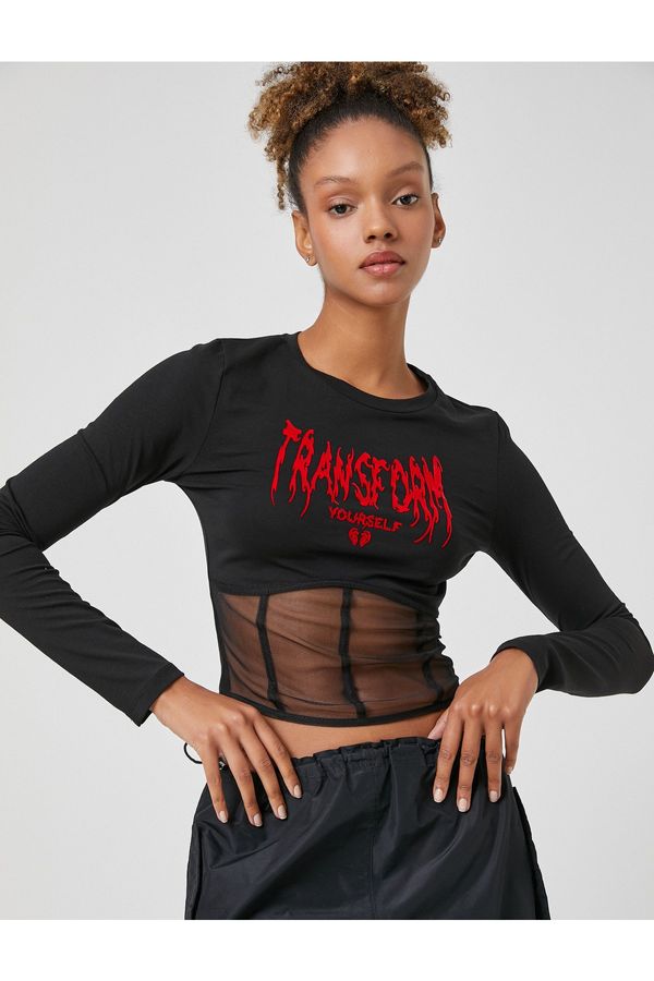 Koton Koton Long Sleeve T-Shirt Crop Tulle Detail Printed