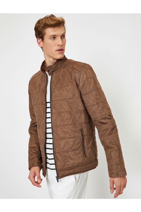 Koton Koton Men's Brown Leather Look Zippered Coat