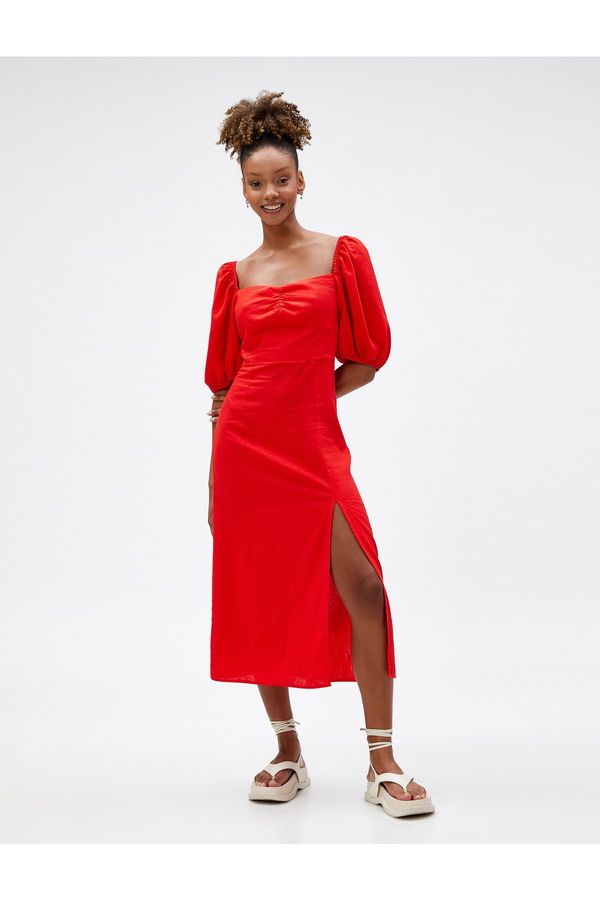 Koton Koton Midi Dress Linen Viscose Blended Balloon Sleeves Slit