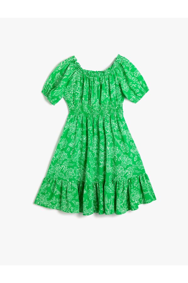 Koton Koton Midi Floral Dress Balloon Sleeves Off Shoulder Elastic Layered Ruffled