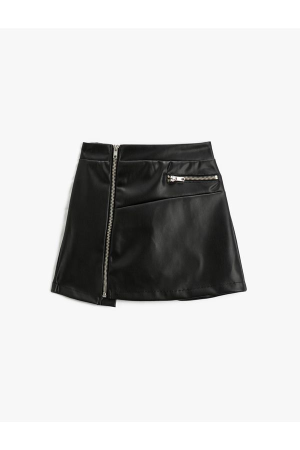 Koton Koton Mini Skirt Faux Leather Look Zippered Asymmetric Cut With Pocket