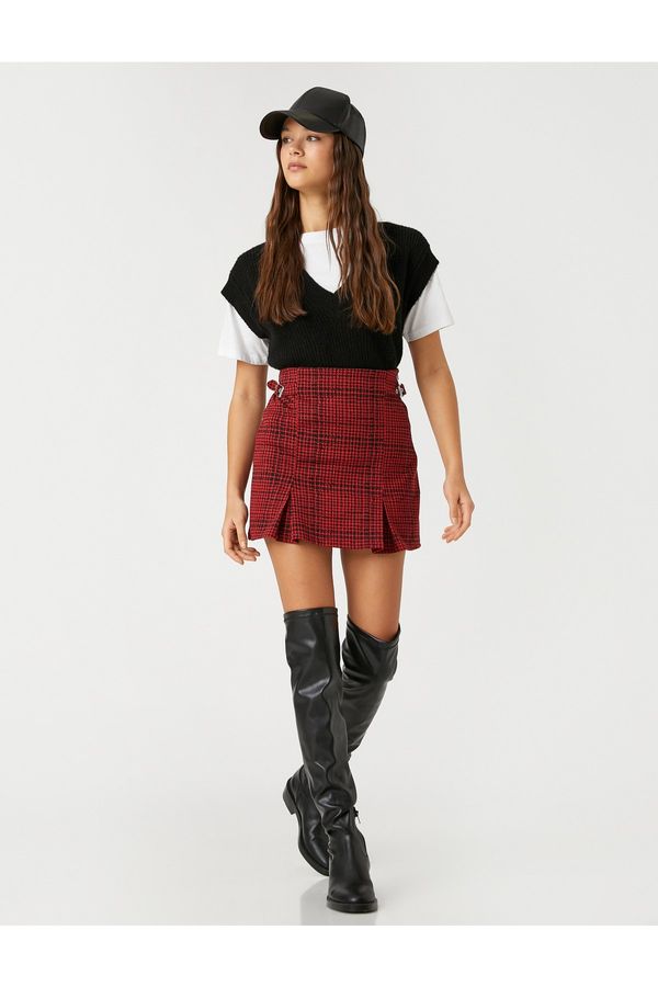 Koton Koton Mini Skirt Pleated Side Buckle Detailed Patterned