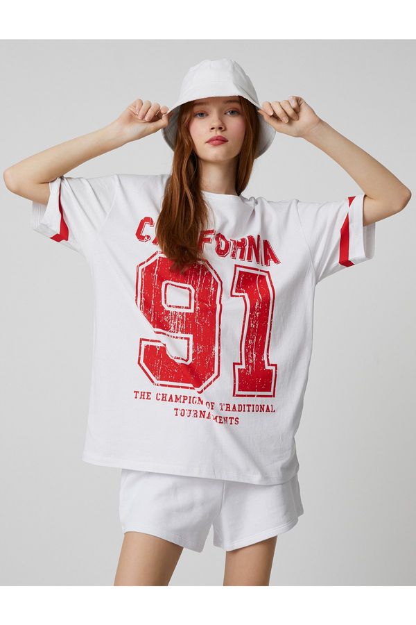 Koton Koton Oversize T-Shirt College Printed Short Sleeve Crew Neck