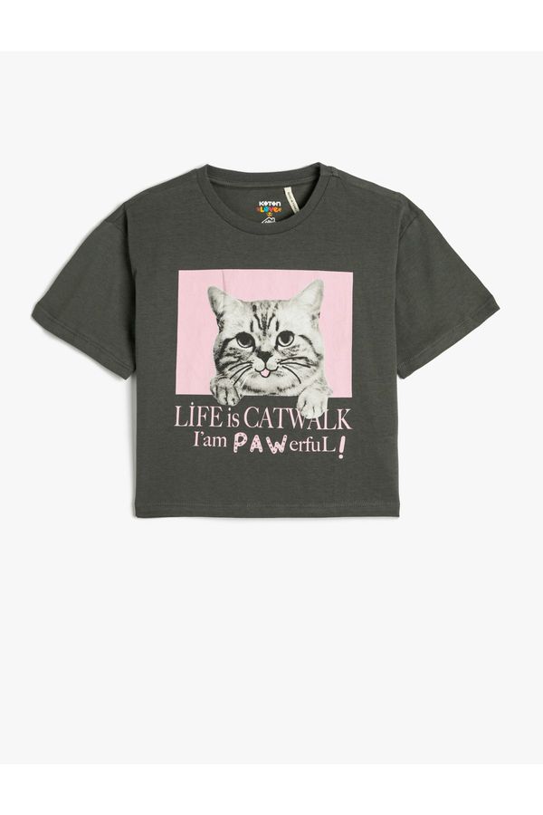 Koton Koton Oversize T-Shirt Short Sleeve Crew Neck Cat Printed Cotton