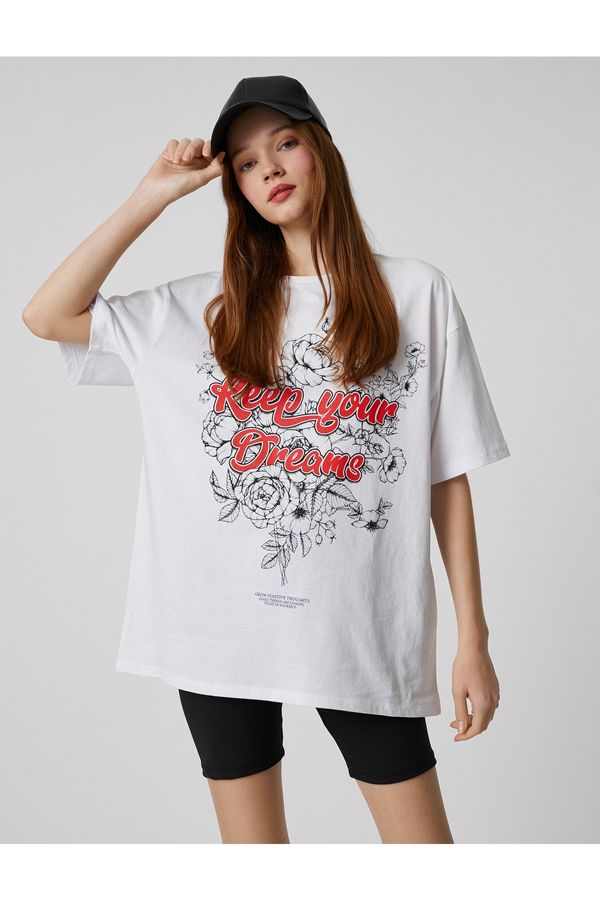Koton Koton Oversize T-Shirt Slogan Printed Short Sleeve Crew Neck