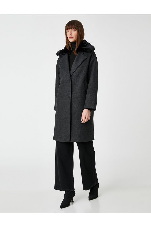 Koton Koton Oversize Wool Cachet Coat Collar Detachable Plush Detailed