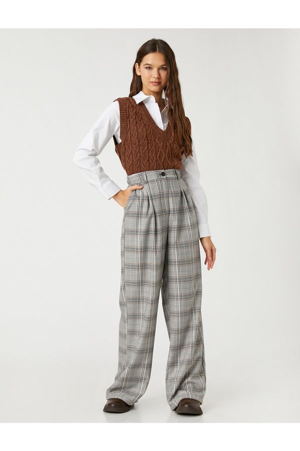 Koton Koton Palazzo Trousers Wide Leg Checked Pocket Detailed Pleated