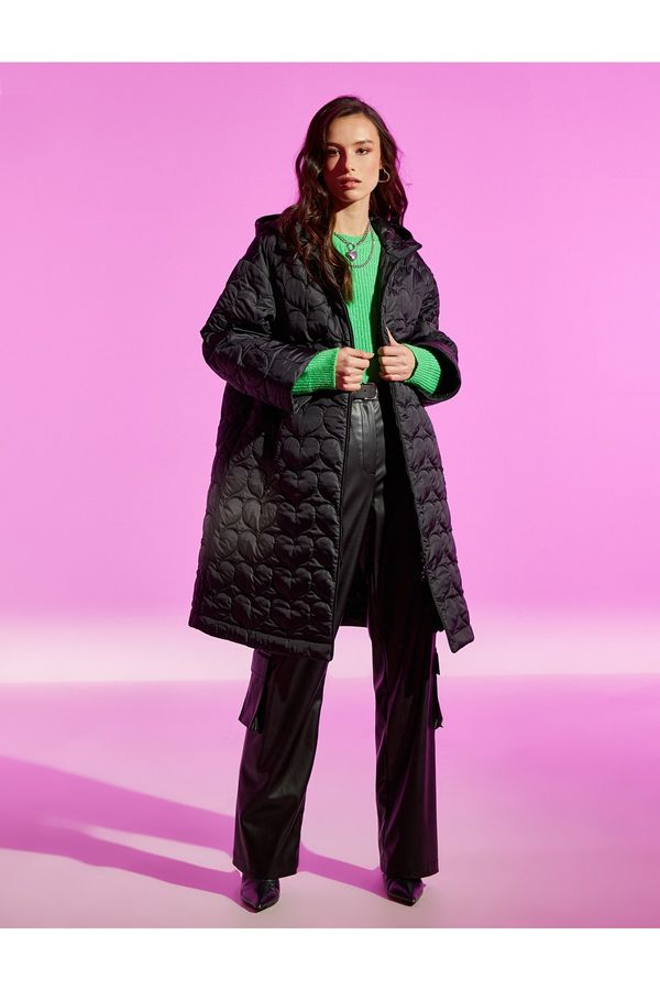 Koton Koton Rachel Araz X - Heart Quilted Hooded Long Coat