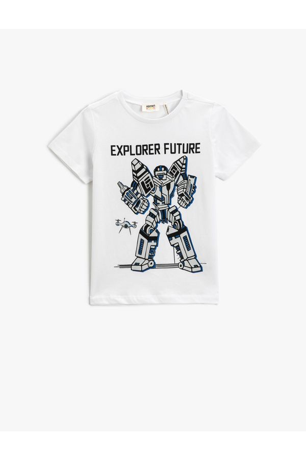 Koton Koton Robot Printed Short Sleeve T-Shirt Crew Neck Cotton