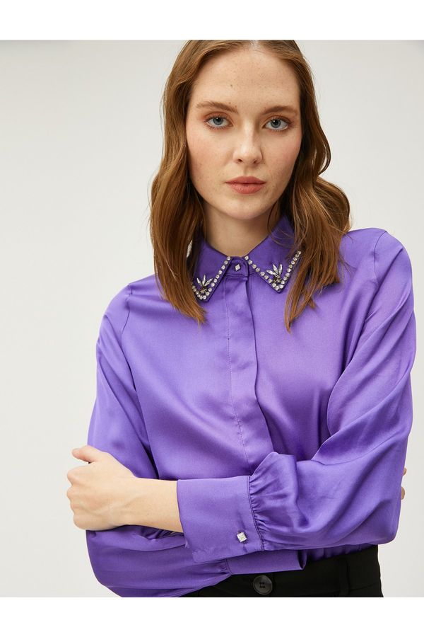 Koton Koton Satin Shirt Collar Stone Embroidered Hidden Button